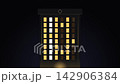 Minimalist skyscraper illustration with glowing windows at night 142906384