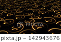 Abstract motion background featuring a repeating pattern of glowing golden emoji sad faces on a dark black surface. This moody expressive animation is ideal for concepts of sadness, disappointment and 142943676