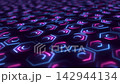 Futuristic motion background with a glowing digital grid of blue and pink neon light hexagon shapes. Streaming data concept suitable for technology and cyber projects. Full HD loop 142944134
