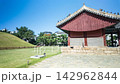 4k Timelapse of Jeongja-gak shrine and royal mound at Jeongneung Royal Tomb under clear blue sky in Seoul 142962844