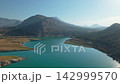 Calm water and hills view in a peaceful outdoor location 142999570