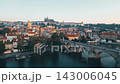 Experience the beauty of Prague at sunrise, showcasing the stunning architecture of Prague Castle and the iconic Charles Bridge. Enjoy the serene morning atmosphere along the Vltava River. 143006045