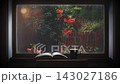 Rain and droplets streaming down the window, the sight of Chinese trumpet vines swaying in the wind and rain, a book and coffee on the table, and the soothing ASMR of the rain. 143027186