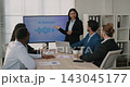 Portrait of Asian businesswoman presents AI assistant to colleagues in boardroom. Korean lady professional explains virtual support benefits on screen in office 143045177
