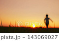 Joyful child running through open field at golden sunset, arms outstretched in freedom, silhouetted 143069027