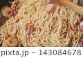 Fresh shrimp noodle stir-fry served directly in a hot pan 143084678