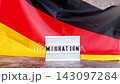 Lightbox with text MIGRATION flow. National symbol of Germany. German wave silky flag background. Human migration crisis and population refugee movement. Demographic change  143097284