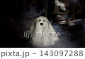 Handmade clay ghost figurine displayed charming Halloween decoration. Handcrafted ceramic character features minimalist design with expressive facial details. Natural clay material 143097288