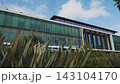 Modern Building Rises Above Tropical Plants Under Bright Blue Sky, With Glass Facade And Calm Urban Architecture In Clean Daylight. Reflective Windows, Steel 143104170