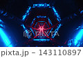 Futuristic Hexagonal Sci-Fi Tunnel Animation with Glowing Blue Neon and Red Center Lights. Looped 3D rendering 143110897