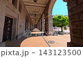 Sofia, Bulgaria - 16.06.2025, Walking shot along colonnade arcades of National Assembly building, former Communist Party House in Largo architectural ensemble, stone columns perspective on sunny day 143123500