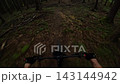 POV Video Of Mountain Biker Riding Fast On Dark Enduro Forest Trail 143144942