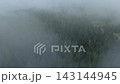 Aerial Drone View of Misty Spruce Forest with Clearings in Fog and Drizzle 143144945