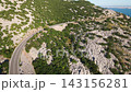 Motorcycles riding on winding mountain road near sea 143156281
