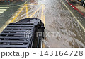 4K Black off-road vehicle driving through deep flooded street 143164728
