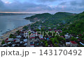 Gerupuk surfer village coastal landscape at sunrise. Best aerial view drone 143170492