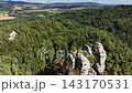 Overhead perspective captures rugged limestone rocks and cliff outcrops surrounded by dense pines, revealing sunlit valley panorama with rich greenery detail, rocky terrain, and clear daytime sky 143170531