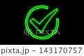 A vibrant animation displays a glowing green tick mark appearing within a neon circular outline. This energy-styled graphic symbol effectively represents confirmation and approved status. 143170757