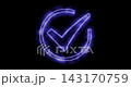 An animated graphic video showcases a bright blue tick mark appearing inside a circular frame. The neon energy style provides an elegant visual solution for user acceptance and votes. 143170759