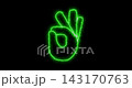 A dynamic motion graphics animation showcases a bright green neon ok finger gesture drawing on screen. The powerful glowing effect delivers a clear visual signal of confirmation and positive choice. 143170763