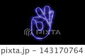 An animated video displays a glowing neon blue hand gesture showing an ok sign with fingers. The energetic electric lines create a vibrant modern interface symbol for successful approval. 143170764