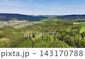 High aerial view of dense mixed conifer and deciduous woodland sweeping across green hills into broad valley, with rural village, apartment blocks, meadows and distant ridge under clear blue sky 143170788
