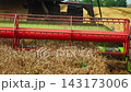 Combine harvester reel spinning and cutting ripe wheat in a field during summer harvest with dust flying in slow motion 143173006