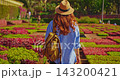A young female traveler in a hat explores the planet's incredibly beautiful locations solo with a backpack, admiring the scenery. A concept of freedom and solo travel 143200421