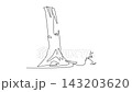 Self drawing animation of single line draw wild bear animal standing on its hind legs and leaning against tree trunk in nature, artistic modern sketch style. Continuous line draw. Full length animated 143203620