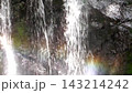 Water from a waterfall cascading down moss-covered rocks 143214242