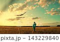 Child boy play with kite toy in outdoors. Children toy airplane. Child dream fly, child walks through field with kite. Kite flies in hands child into sky in park. Kid travel in nature. Slow motion. 143229840