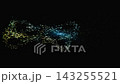 Glowing particles flow across a dark background in 3D animation 143255521