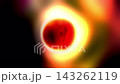 Abstract 3D Red Metallic Sphere With Bright Halo On Vibrant Multi Color Nebula Flow 143262119