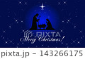 Christmas video greeting card with silhouette of holy family, Mary, Joseph and Jesus in manger, Bethlehem star and Merry Christmas text on blue background with twinkling stars 143266175