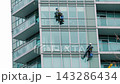 Experienced Specialists Performing Window Maintenance On Modern Towering Residential Structure In City Skyline 143286434