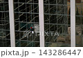 Reflective Glass Surface Cleaned By Technician With Safety Equipment Visible From Aerial Perspective 143286447