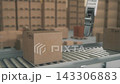 Cardboard Boxes Moving on Warehouse Conveyor With Robotic Arm Pickup 143306883