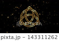 Animation of the Celtic trinity knot, mystical gold Triquetra, golden Trisquel icon and glowing particles on dark black background  143311262
