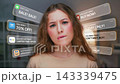 Thoughtful Young Woman Surrounded by Digital Sales Notifications and Discount Offer Popups. Puzzled Girl Overwhelmed by Aggressive Online Marketing, E-commerce Spam and Consumerism Choice Stress 4k 143339475
