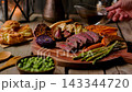 Gravy Poured on Juicy Beef Sunday Roast with Vegetables Healthy Food 143344720