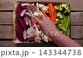 Female Hand Pouring Olive Oil on Vegetables Top View Panorama 143344738