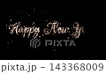 Happy New Year in cursive script drawn with golden glitter particles on a black background (4K resolution) 143368009