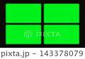 Four glowing green rectangular display panels on dark background 143378079