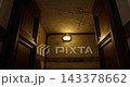 Ancient building interior with stone walls and wooden doors 143378662