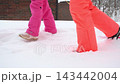 A woman and a child walking up a snowy hill in a winter forest, pulling a pink plastic sled behind them during a winter outdoor vacation. 143442004