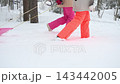 A woman and a child walking up a snowy hill in a winter forest, pulling a pink plastic sled behind them during a winter outdoor vacation. 143442005