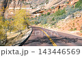 Pov driving along winding red asphalt road through sandstone cliffs and autumn foliage of zion national park in utah, capturing essence of scenic road trip. View of traffic traveling along highway 143446569