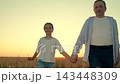 Happy farming family with child walk through wheat field. Dad child daughter smiling walk hand in hand wheat field, sunset. Farmer, parent father, little daughter enjoying nature together, countryside 143448309