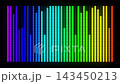 Dynamic rainbow vertical audio spectrum equalizer bars. Pulsing music visualization on black background. Digital frequency equalizer sound signal visualization. Frequency level indicator 143450213