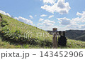A trail sign with a backpack hanging on it, and the scenery of the mountain. 143452906